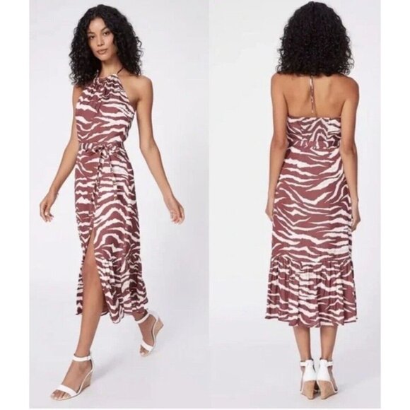 Paige Jade Cherrywood Cream Zebra printed halter ruffle hem midi dress Small - Picture 2 of 15